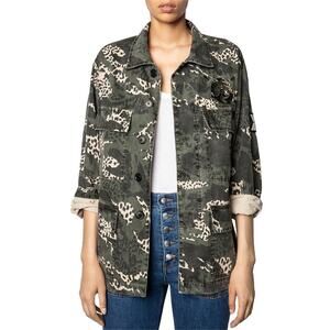 Nwot ZADIG&VOLTAIRE Jacket Women M/L Green Camo Cheetah Print Oversized “Kansas”